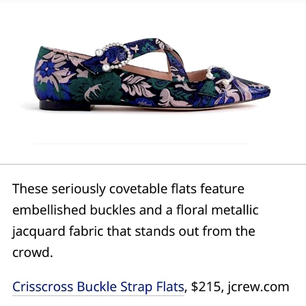 J.Crew Metallic Brocade Foulard Marina Criss-cross buckled flats, Sz 6.5